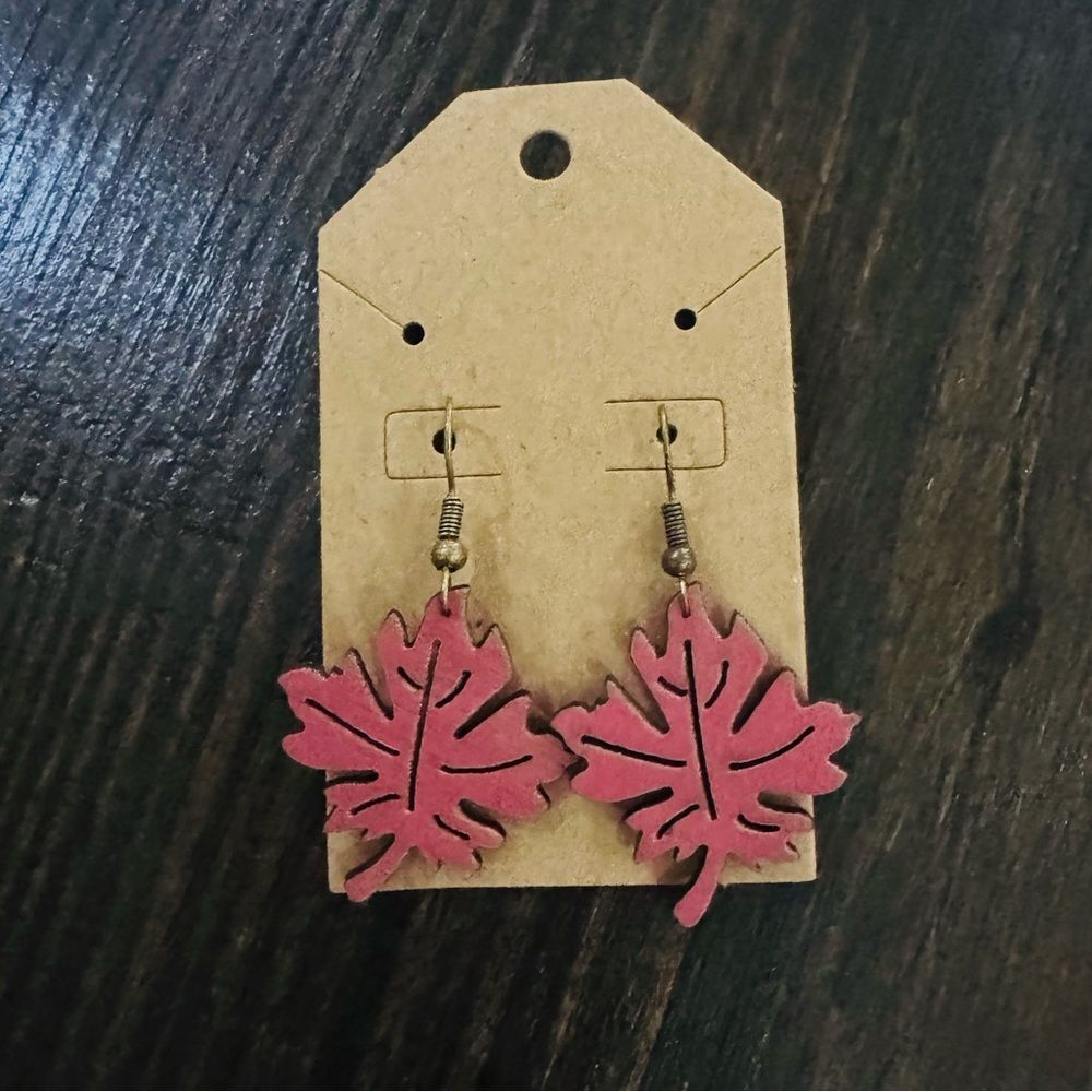 Handmade autumn red fall leaf wood antique gold earrings NEW
